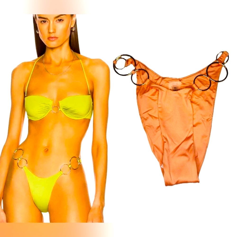 Monica Hansen Coral Gold Ring Bikini Bottom Brazilian Swim NWT XS S M